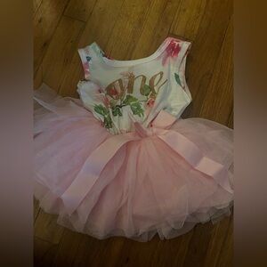 One - 1st birthday Pink Floral Tutu Dress